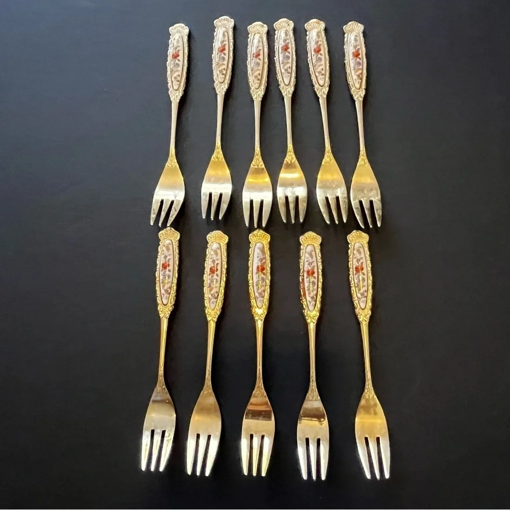 Demitasse Fork Set Porcelain Floral Handle Japan Gold Tone Appetizer Tea Set 11x